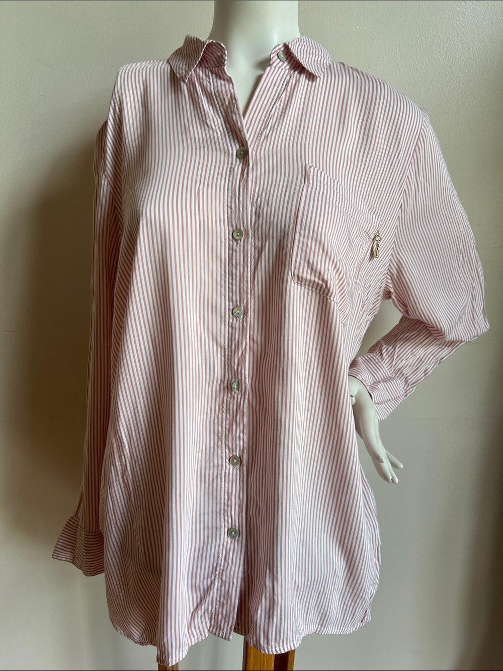 Chico's peachy pink and White Striped Button Down Shirt with flared back